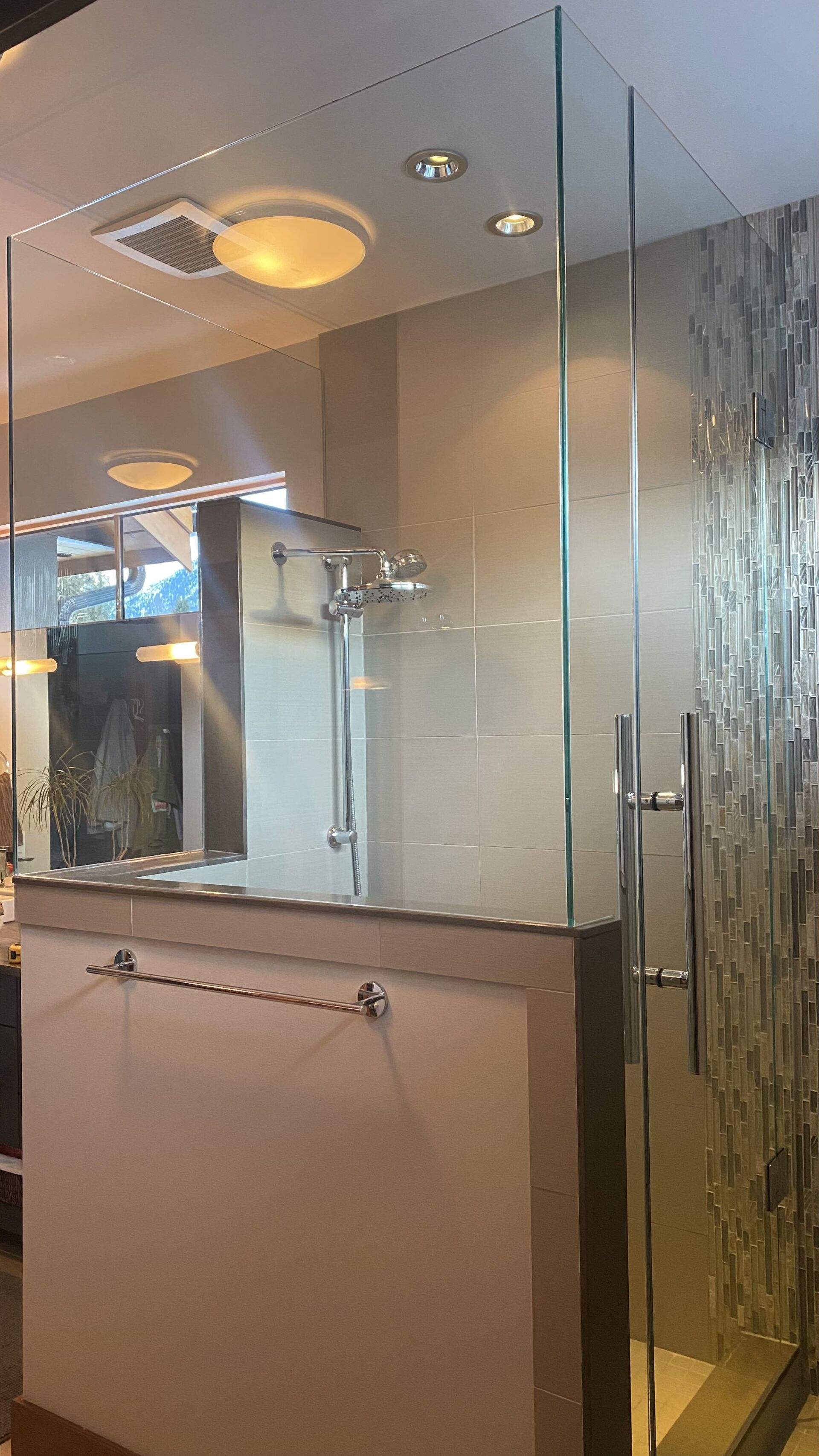 A bathroom with a walk in shower and a mirror.