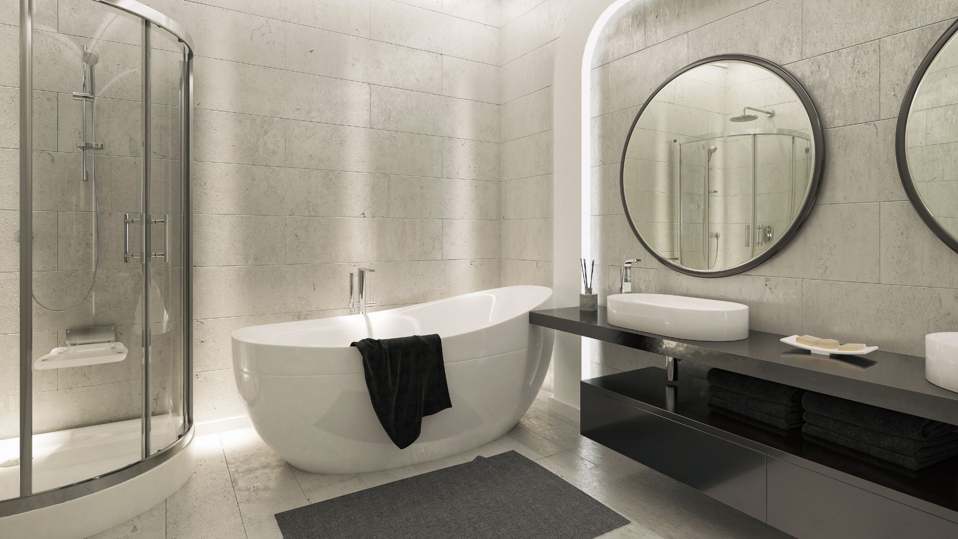 A bathroom with a bathtub , sink , shower and mirrors.