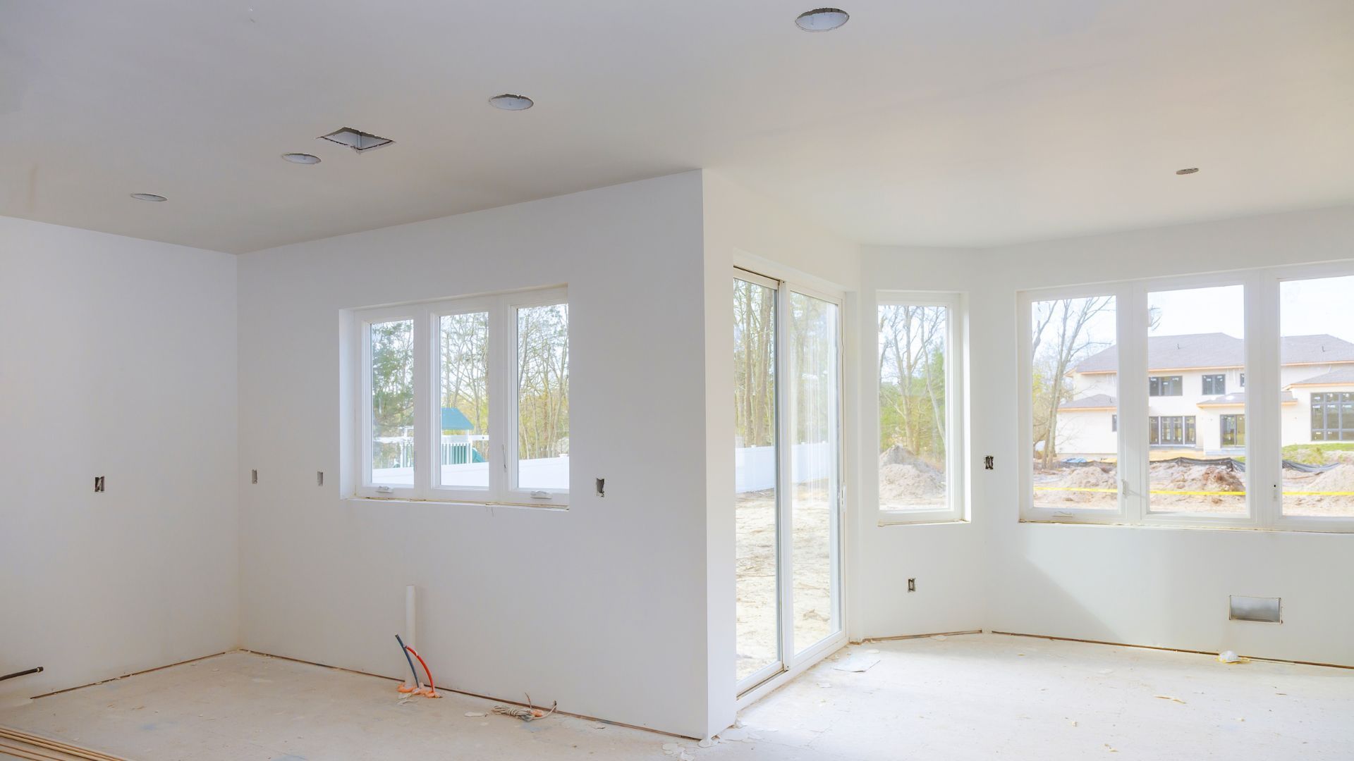 An empty room with white walls and windows in a house under construction.