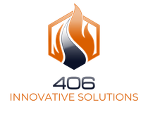 Logo for 406 Innovative Solutions featuring a flame in an orange hexagonal frame above the text "406 INNOVATIVE SOLUTIONS".