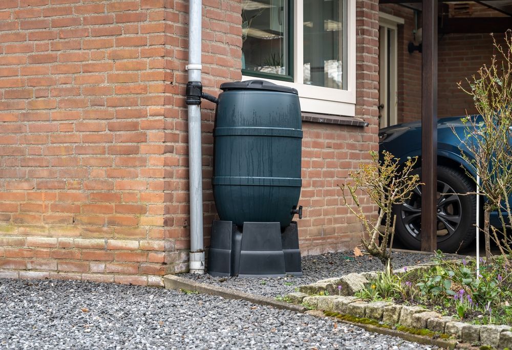 Blue rain barrel beside a brick house wall and window, on black supports near gravel and plants