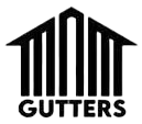 Black logo with a house roof and vertical bars above the word “GUTTERS”