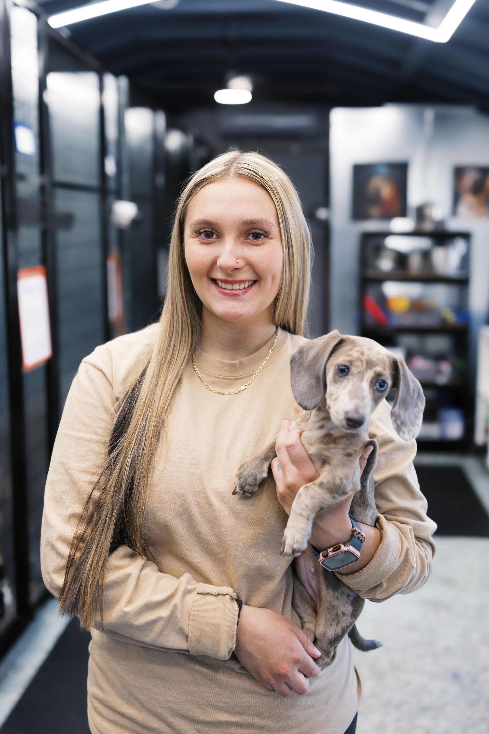 Woman holding a small gray-and-tan dog in a modern indoor setting