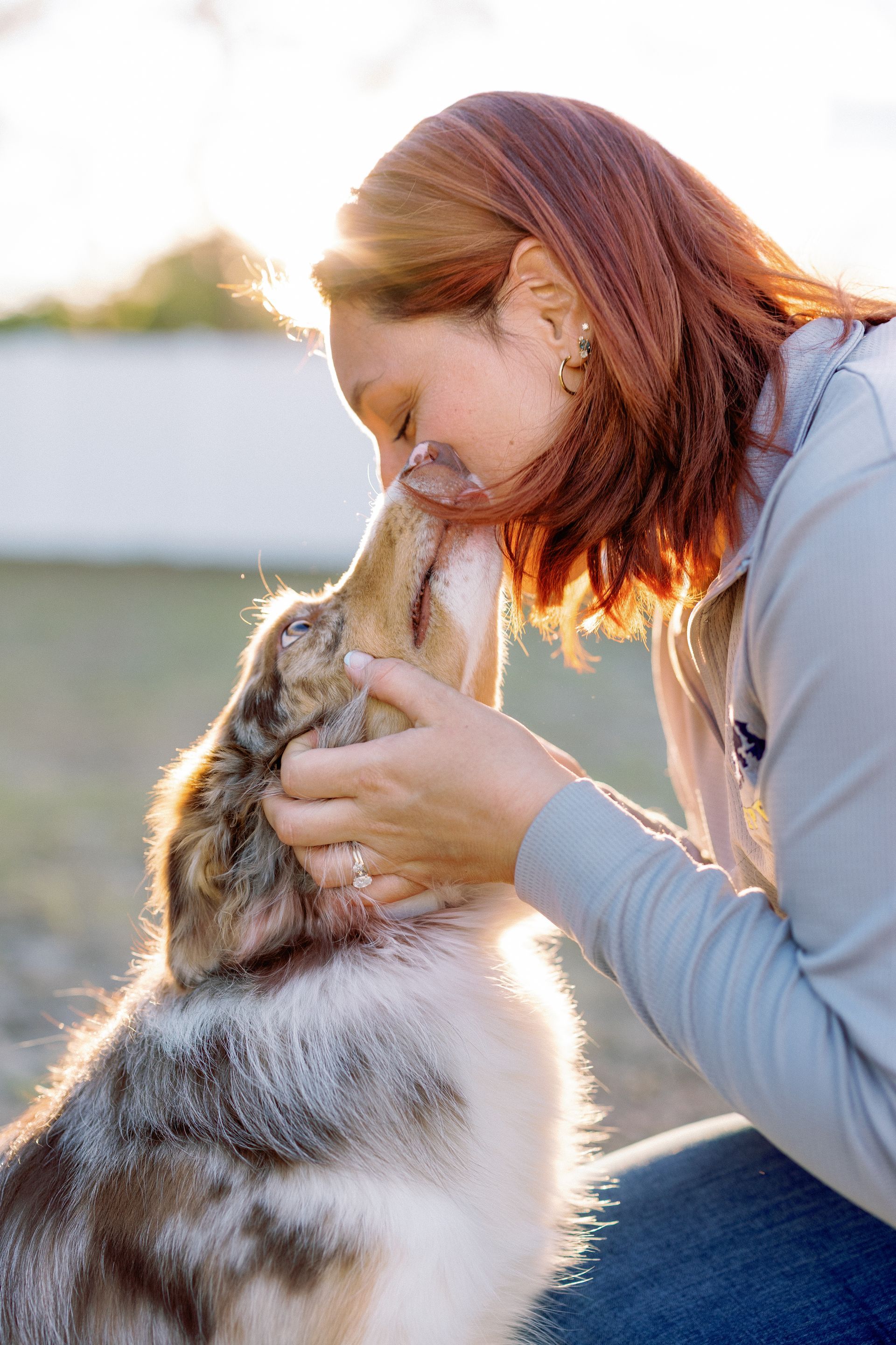 Woman kissing a fluffy dog outdoors in warm sunlight
