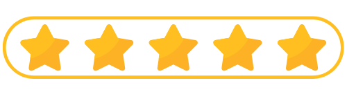 Five orange stars inside a rounded yellow-outlined rating badge