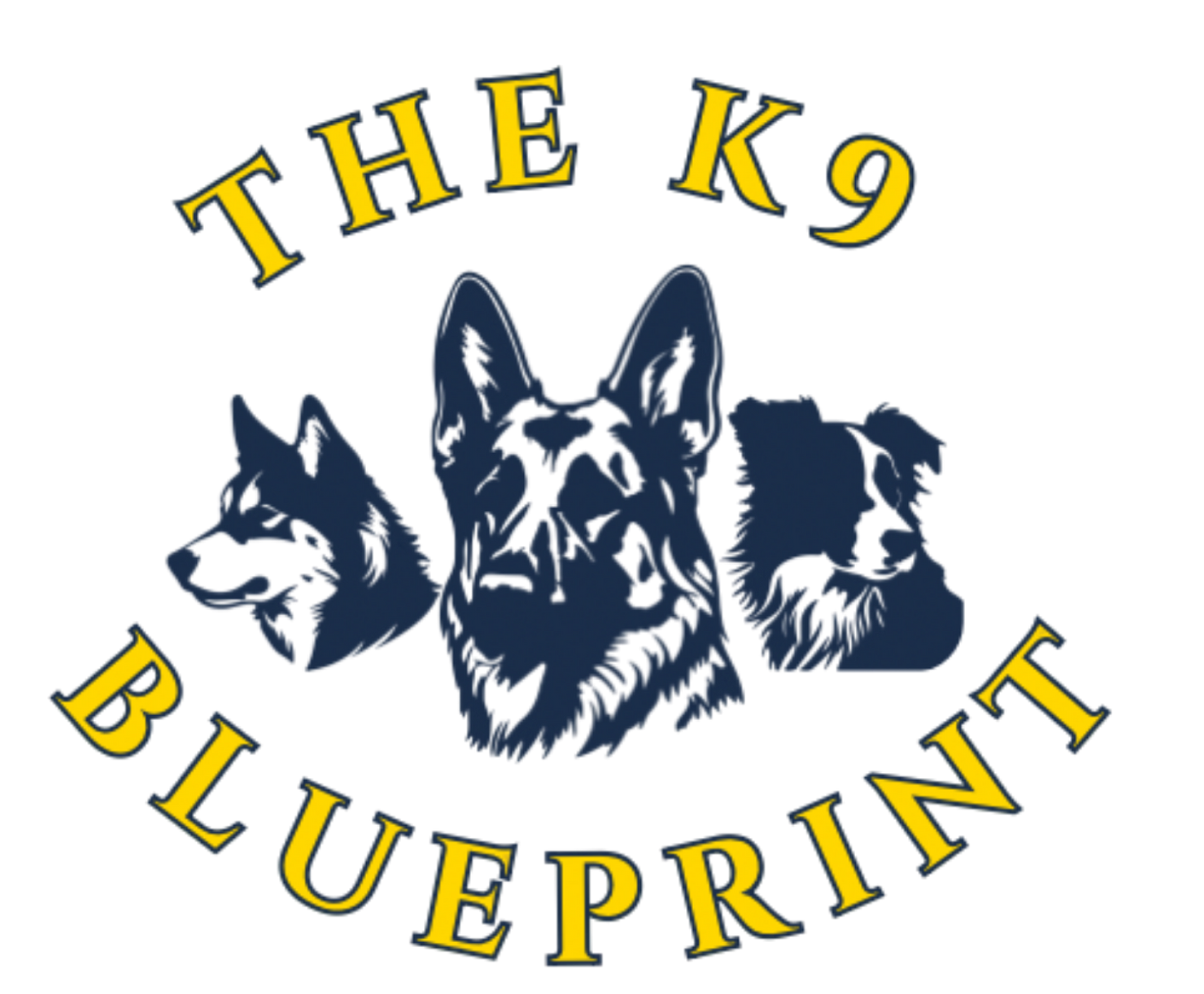 Logo reading “The K9 Blueprint” with three stylized dog heads in blue and yellow