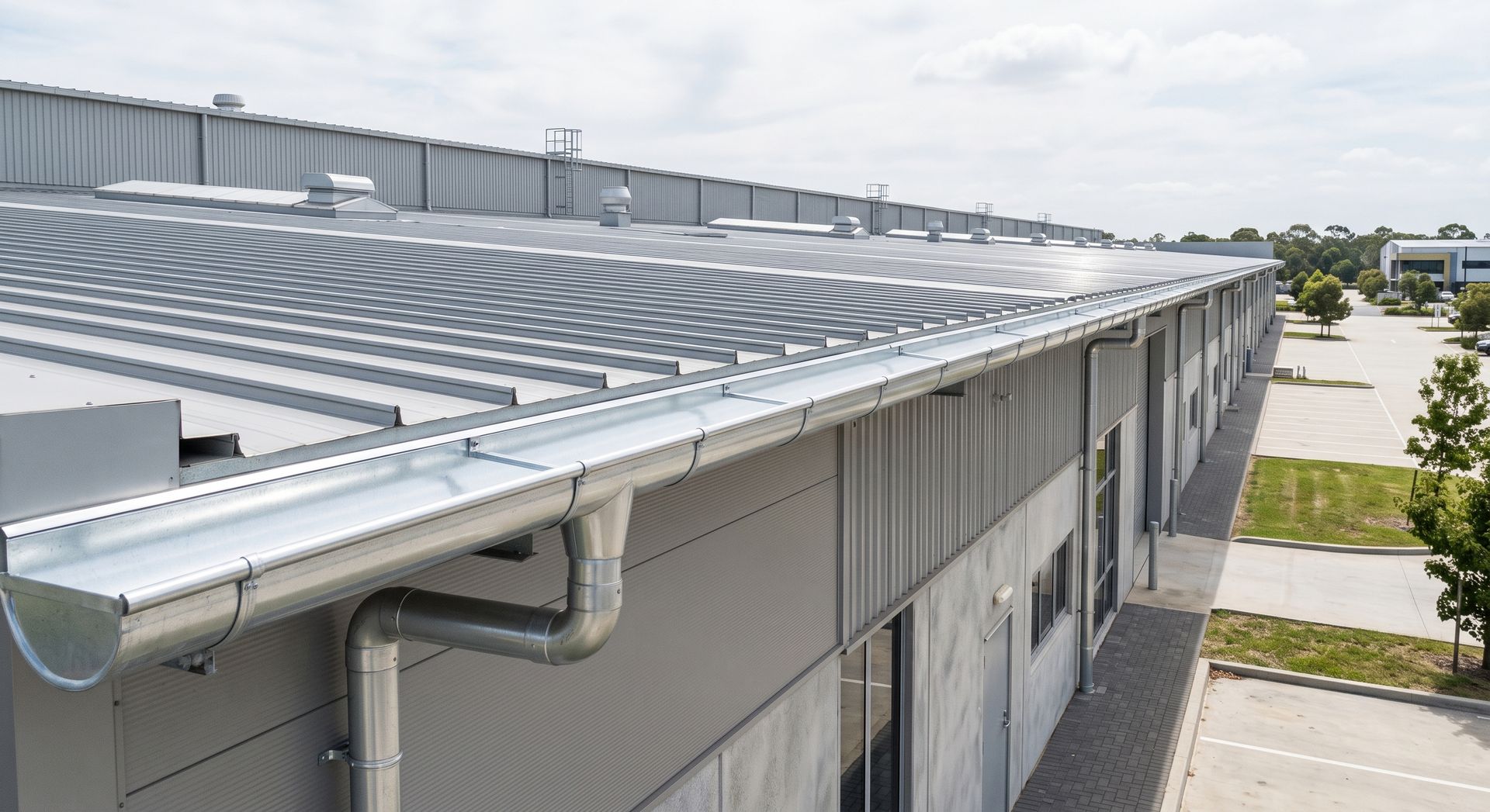 Industrial building rooftop with metal gutters and corrugated panels beside a parking lot