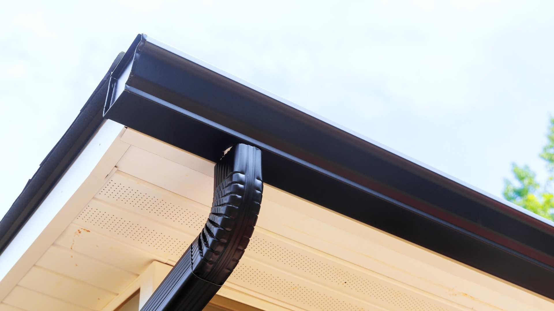 Close-up of a house roof edge with black gutter and beige soffit against the sky