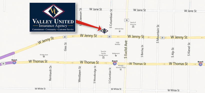 Map with a purple route line and Valley United logo pointing to a location on the streets.