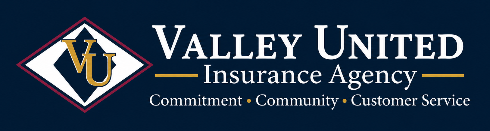 Valley United Insurance Agency logo with blue and gold diamond emblem and tagline “Committed • Community • Customer Service”