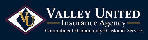 Valley United Insurance Agency logo with blue and gold diamond emblem and tagline &ldquo;Committed &bull; Community &bull; Customer Service&rdquo;