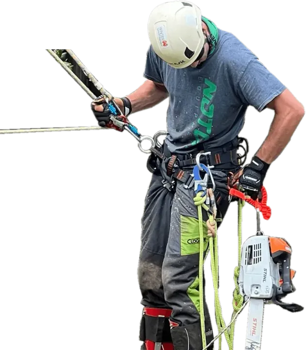 A man wearing a helmet is holding a chainsaw.