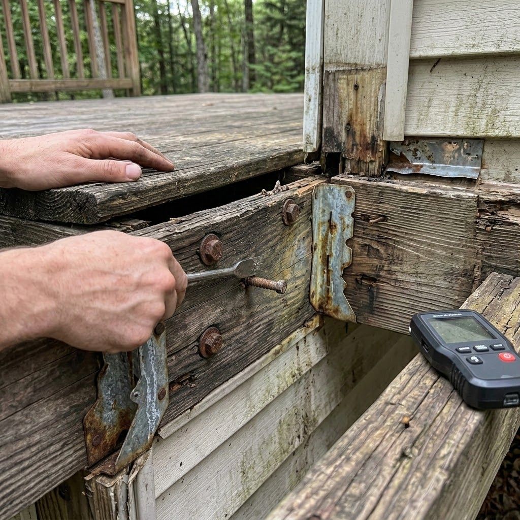 Close-up of a deck ledger board and joist inspection