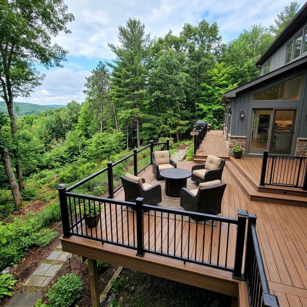 Finished rebuilt composite deck overlooking a wooded Pocono backyard