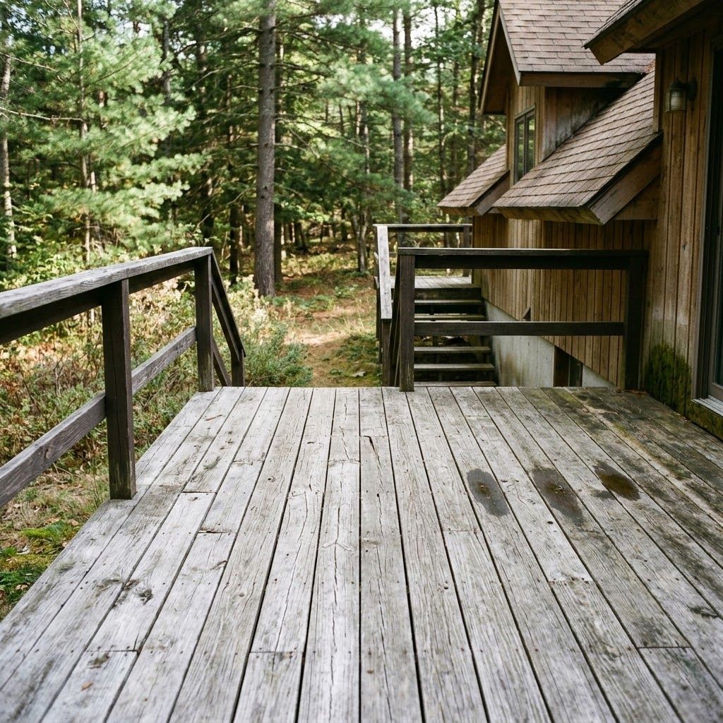 Aged wood deck with visible weathering on a Pocono home