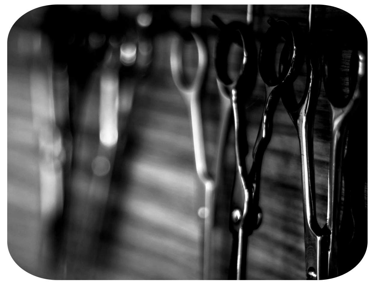 Black and white close-up of a rack of open barber shears.