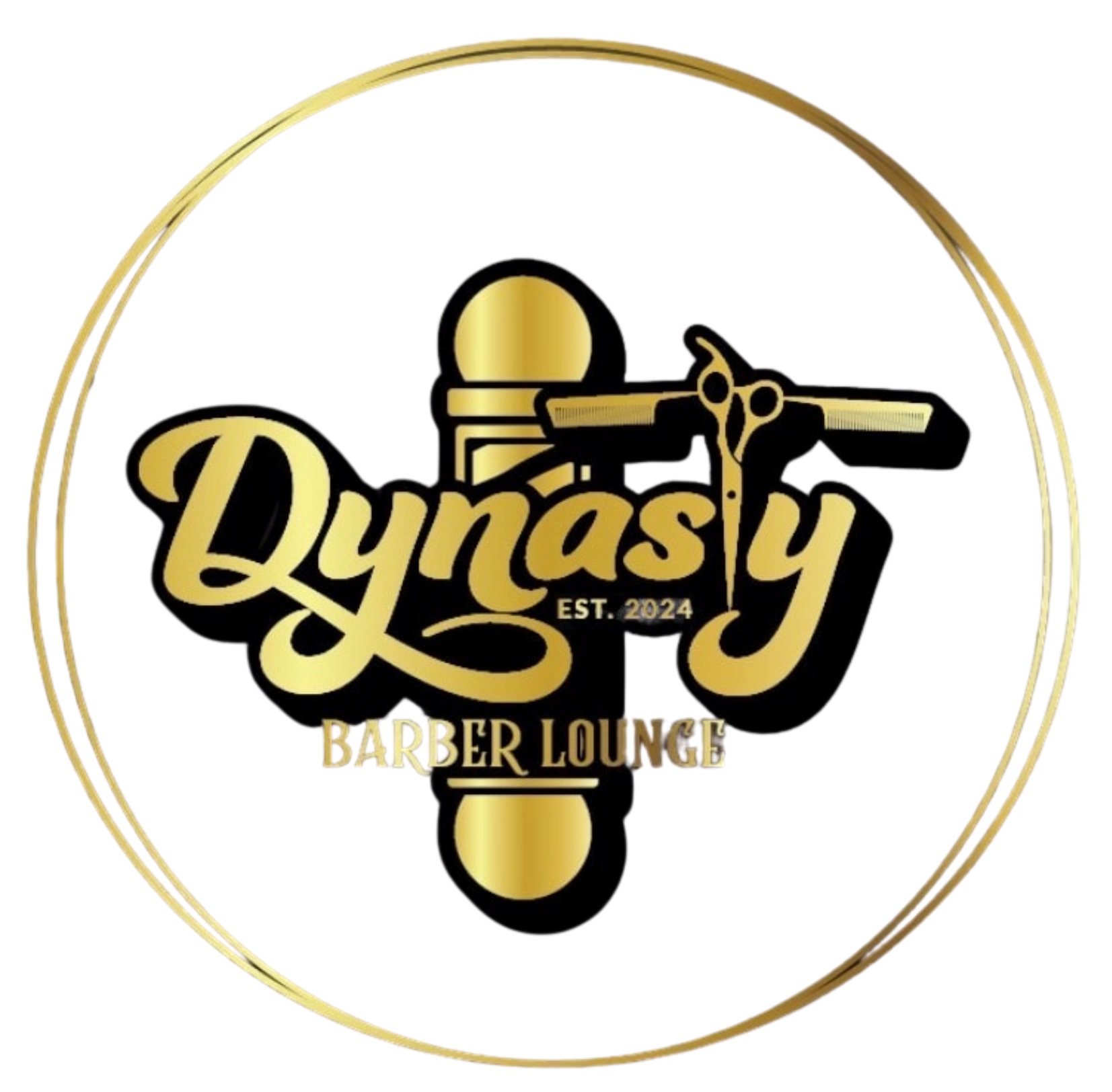Logo for Dynasty Barber Lounge, featuring gold accents on black, barber pole, and scissors.