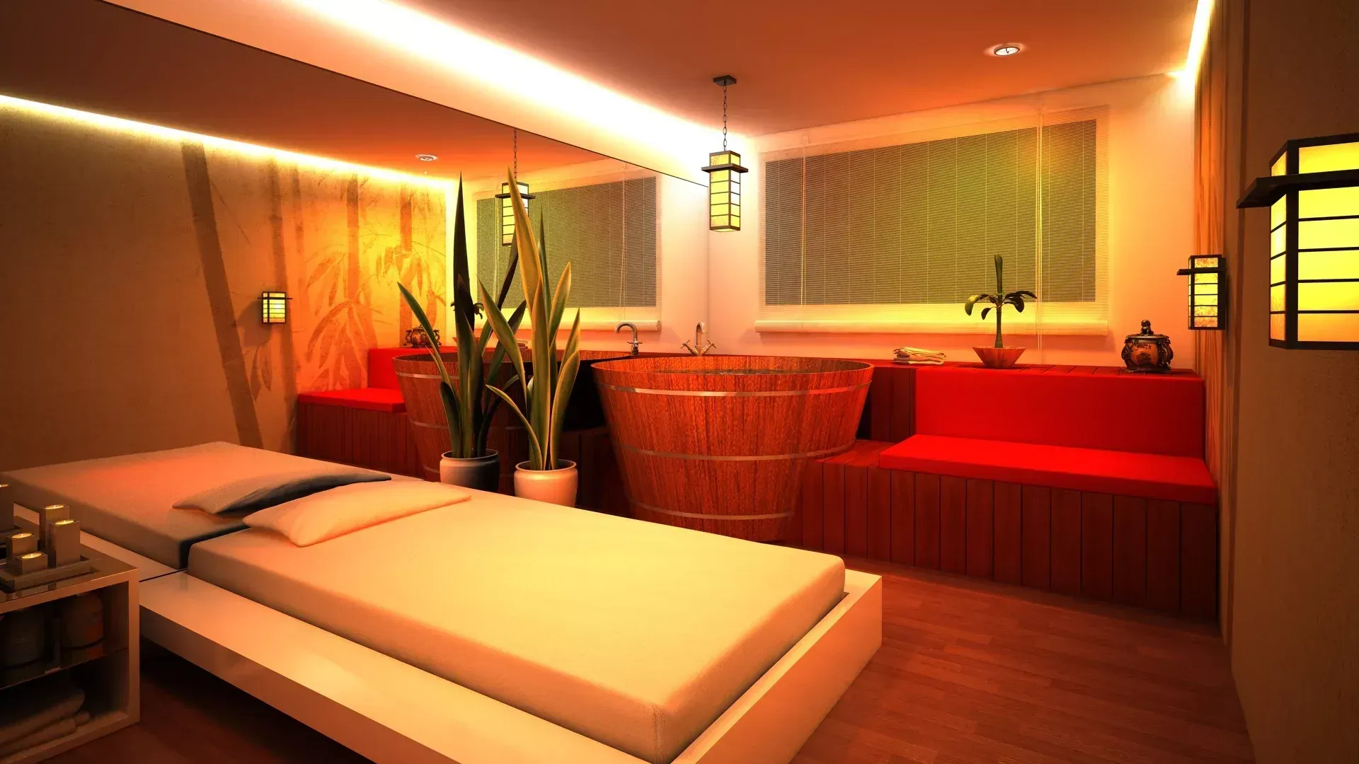 Uma sala de spa em tons quentes com uma maca de massagem, uma banheira de madeira, assentos almofadados vermelhos e plantas.