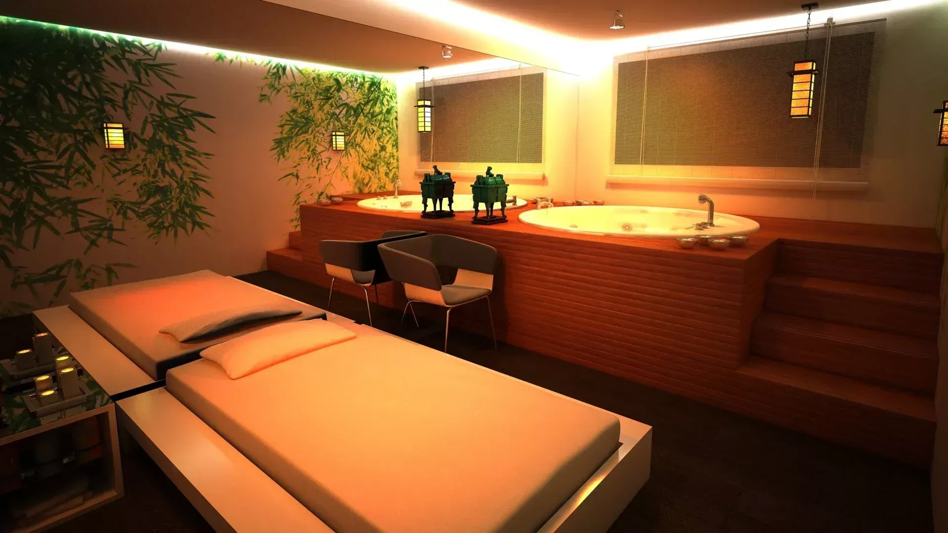 Uma sala de spa com duas camas de massagem e duas banheiras de hidromassagem circulares ao fundo, com decoração em bambu.