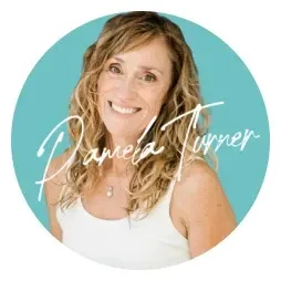 A woman in a white tank top is smiling in a circle.