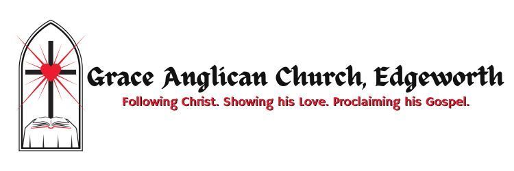 The Grace Anglican Church, Edgeworth logo featuring a cross, red heart, and open book inside a gothic arch.