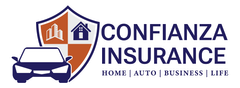 Confianza Insurance logo with orange shield, blue car icon, and text for home, auto, business, and life coverage