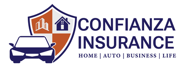 Confianza Insurance logo with orange shield, blue car icon, and text for home, auto, business, and life coverage
