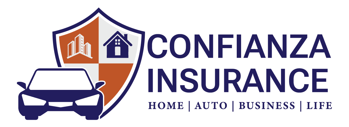 Confianza Insurance logo with orange shield, blue car icon, and text for home, auto, business, and life coverage