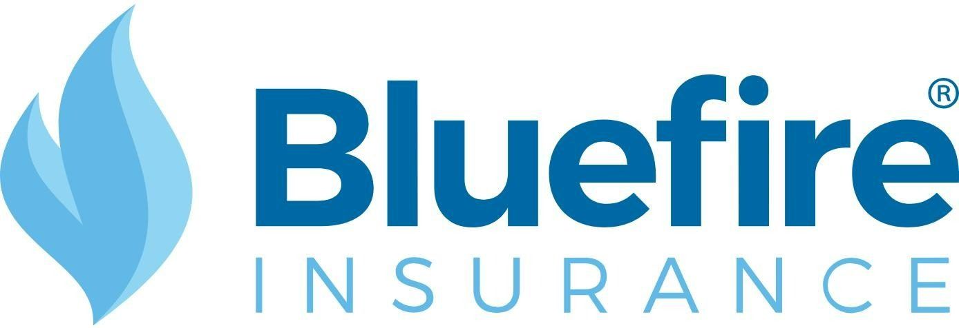 Bluefire Insurance logo with blue flame icon and blue text on a white background