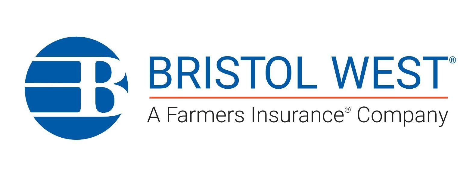 Bristol West logo in blue with a circular “B” icon and the text “A Farmers Insurance Company”