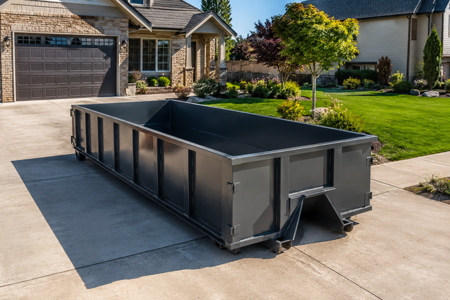 Large black dumpster on a suburban driveway in front of a house and garage.