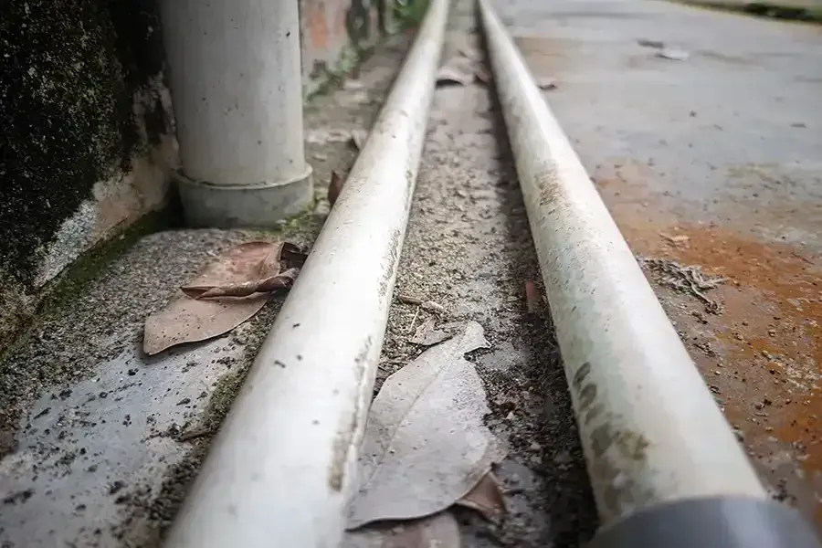 Two white pipes along a dirty concrete wall with fallen leaves nearby