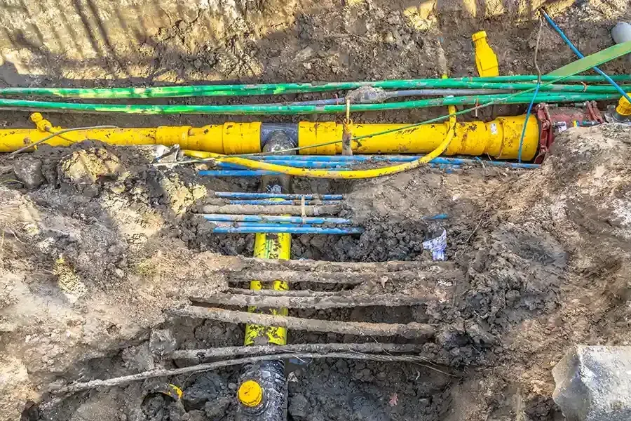 Underground utility trench with exposed cables, pipes, and mud during excavation