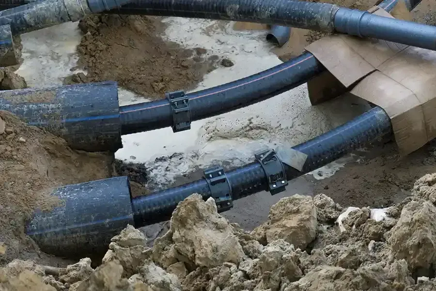Underground utility cables and conduit being installed in a trench with dirt and concrete