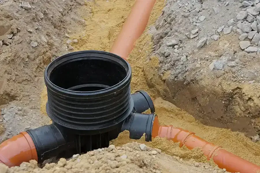 Black drainage pipe junction in a dirt trench with orange pipes connected.