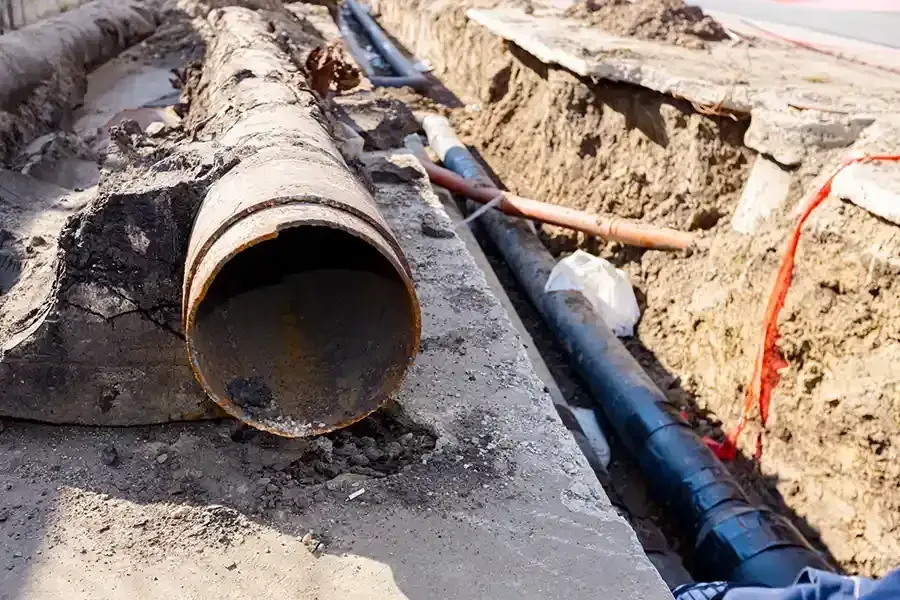 Open trench with large pipe and black utility conduit along a concrete curb at a construction site