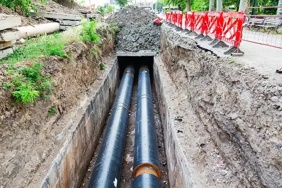 Trenches with large black utility pipes being installed beside a road, marked by red safety barriers.