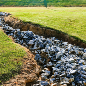 Rock-lined drainage trench cutting through a grassy field