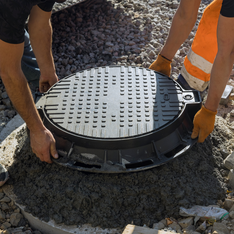 Workers installing a round black manhole cover in gravel and concrete.