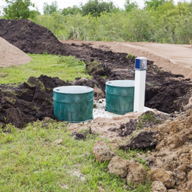 Two green utility tanks and a white pipe in a dug trench beside a road, with dirt piles and grass.