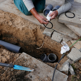 Worker installing cables in a trench beside a concrete step, with pipes and wiring exposed