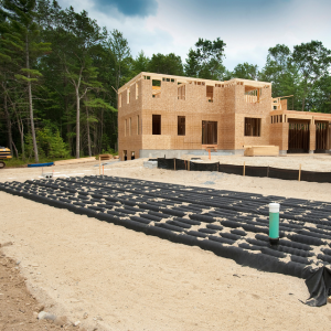 Partially built wooden house with foundation work and black ground cover in a wooded area