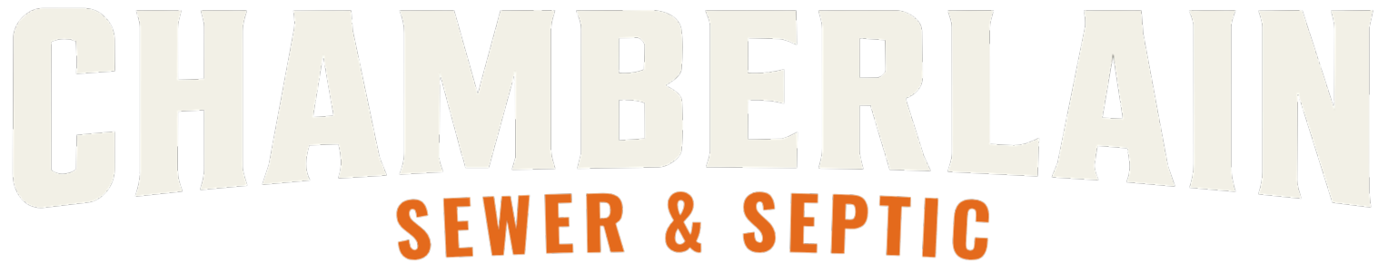 Chamberlain Sewer & Septic logo with beige and orange text on a white background