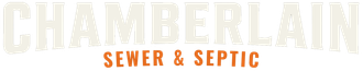 Chamberlain Sewer & Septic logo with beige and orange text on a white background