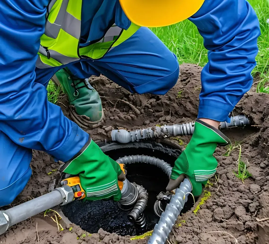 Worker in blue and yellow gear lowering a hose into an open manhole on grass.