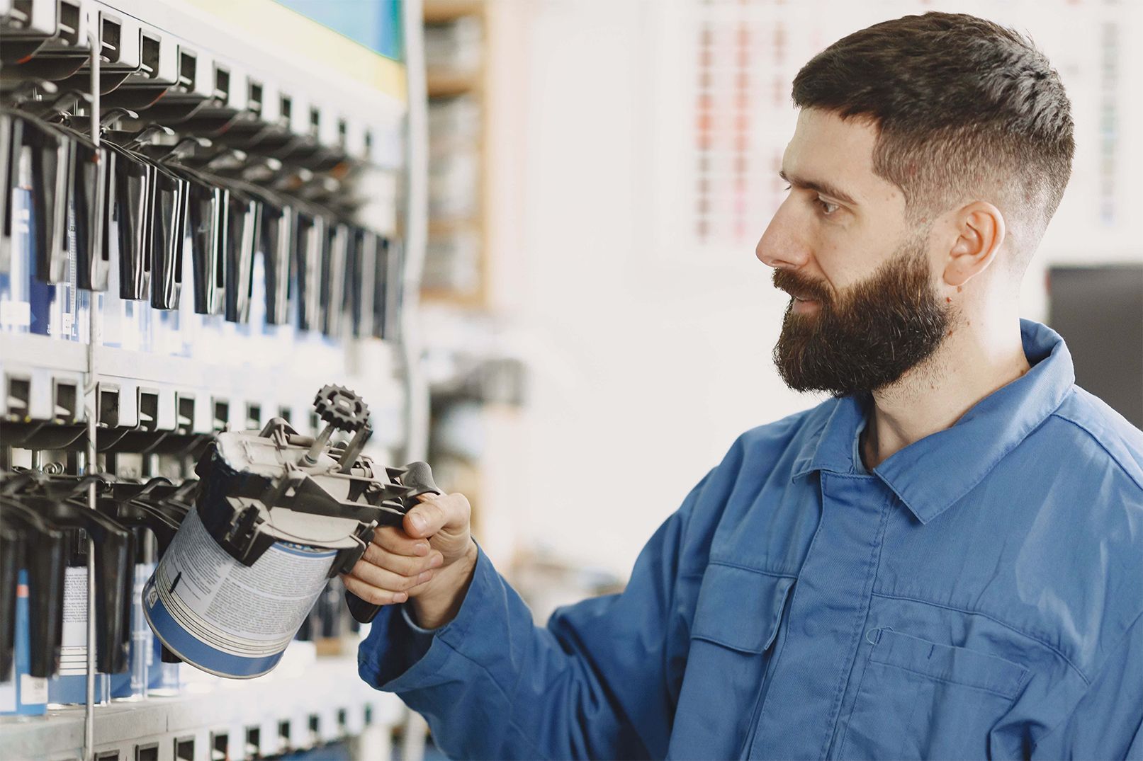 Technician inspecting an electrical control panel in a factory, wearing a blue work shirt.