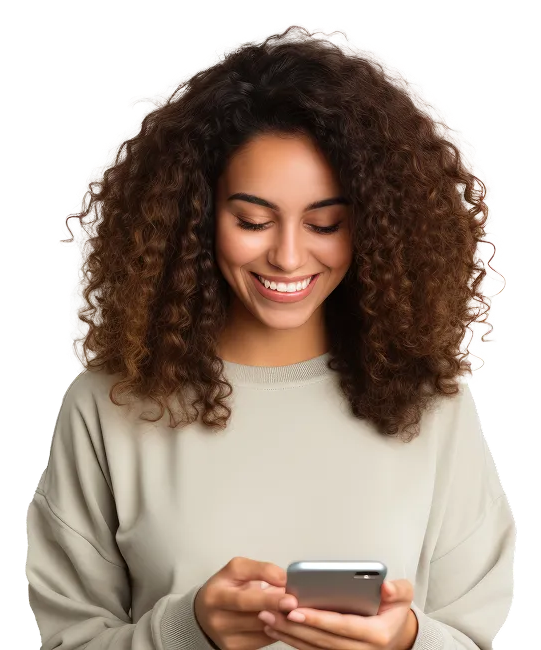 Smiling person with curly hair looking at a smartphone, wearing a light beige top. | Rick's Auto Shop