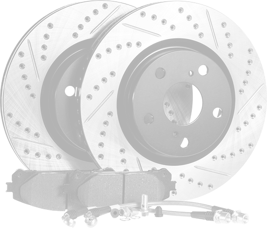 Set of shiny silver brake rotors and pads, arranged as automotive disc brake components. | Rick's Auto Shop