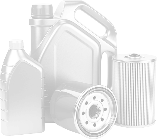 Assorted automotive fluid containers and a metal filter on a white background | Rick's Auto Shop