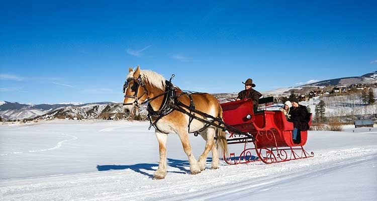Horse-drawn red sleigh on snow, driven by person, passengers, mountains and blue sky.